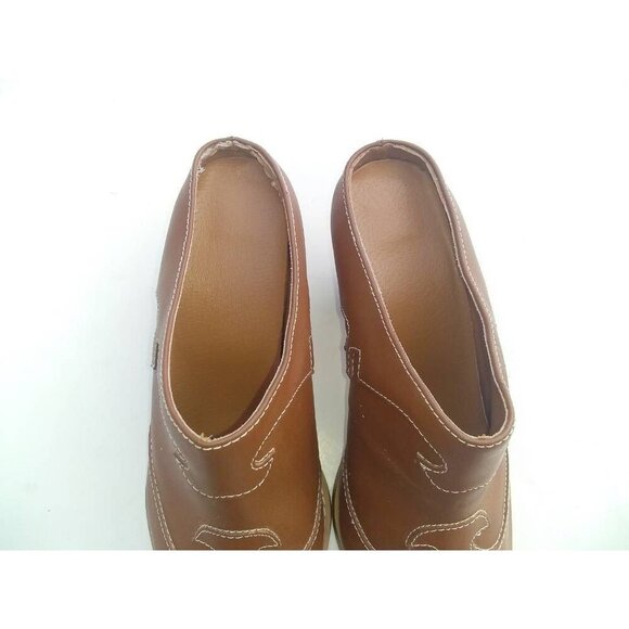 Womens Clog Shoes Brown Leather Stacked Heels Square Toe Slip Ons 9 - Picture 3 of 7